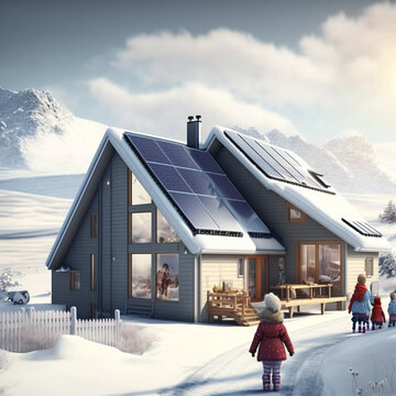 a winter lonely house in the middle of a winter wasteland a house with solar panels in winter where a father and children play outside in the house and behind a lonely girl in a red jacket