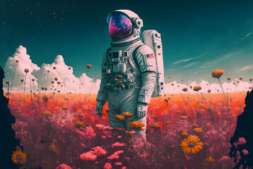astronaut standing in a red field of flowers digital art, blue sky, Generative AI