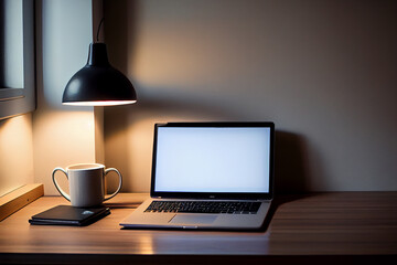 Home Office Büro: Laptop mit Platzhalter im Display, Kaffee, Schreibtischlampe - Generativ Ai