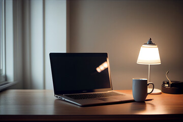 Home Office Büro: Laptop mit Platzhalter im Display, Kaffee, Schreibtischlampe - Generativ Ai