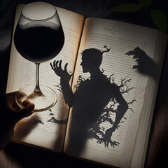 An ancient magic book from which the demos emerged in the guise of a man, a man who holds a glass of wine, a gray demon is depicted as a shadow