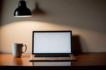 Home Office Büro: Laptop mit Platzhalter im Display, Kaffee, Schreibtischlampe - Generativ Ai