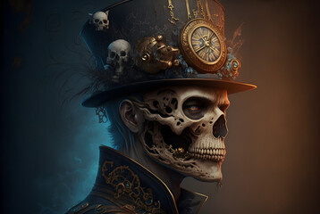 Steampunk skull face portrait with digital art style, dark background, Generative AI