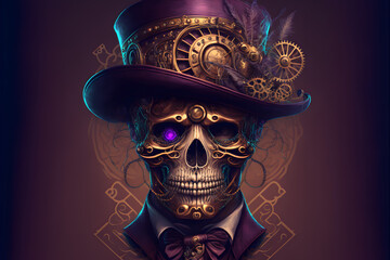Steampunk skull face with digital art style, purple, Generative AI