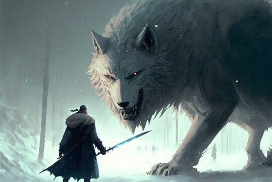 Man In With Sword Faceing The Giant Winter Wolf, Generative AI