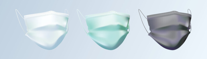 Stay protected and prepared with 3-pack of 3D medical face masks in classic white, blue, and black. isolated vectors superior virus protection