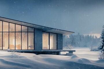 Elegant Luxury mid century modern winter exterior with mountain views at dusk Made with Generative Ai