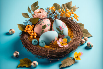 Fototapeta colorful easter nest with easter eggs, generative ai obraz