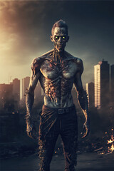 Fototapeta na wymiar Zombie with rotten skin on front of burning city. Designed using generative ai. 
