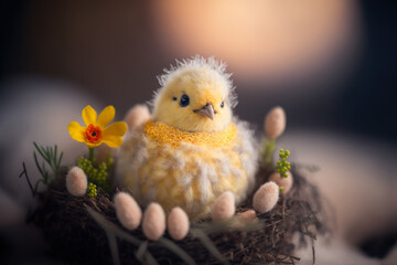 Obraz premium cute embroidered baby chciken in an easter nest, generative ai