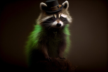 Obraz premium portrait of a raccoon as a leprechaun on st. patrick's day, generative ai