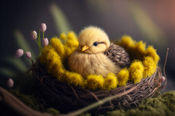 cute embroidered baby chciken in an easter nest, generative ai
