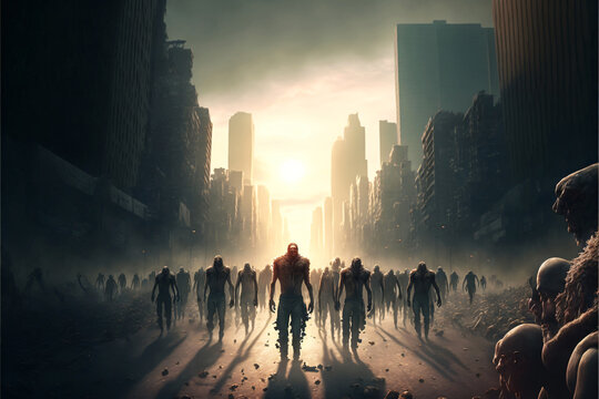 Group of undead zombies walking towards the camera. Designed using generative ai. 
