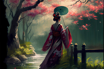 Fototapeta premium Geisha taking a walk in the cherry blossom forest. Ai Generated