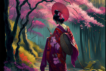 Geisha taking a walk in the cherry blossom forest. Ai Generated