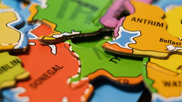 Ireland Map Puzzle Blocks with Irish Cities. Close-Up Video Background, Dolly Footage.