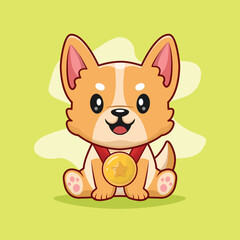 Naklejka na ściany i meble Cute Corgi Dog with Gold Star Medal Cartoon Vector Icon Illustration. Animal Nature Icon Concept Isolated Premium Vector. Flat Cartoon Style