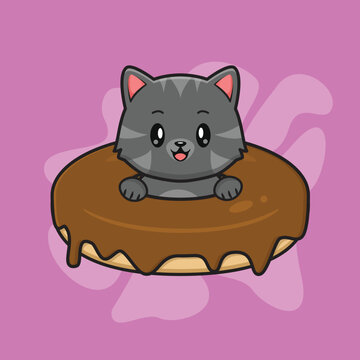 Cute Black Cat pop up from Donut Cartoon Vector Icon Illustration. Animal Nature Icon Concept Isolated Premium Vector. Flat Cartoon Style
