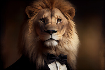 Portrait of a lion in a tuxedo with a bow tie. A gentleman. Created with Generative AI technology.