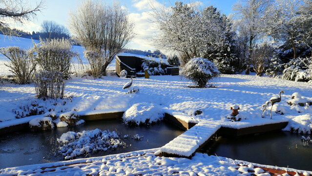 schöner Garten im Winter bei Schnee und gefrorenem Teich mit Brücke unter sonnigem blauen Himmel
