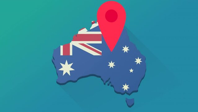 Looping animation in flat design style of a jumping red map marker on the 3D map of Australia in colors of the Australian flag with blue background and shadow