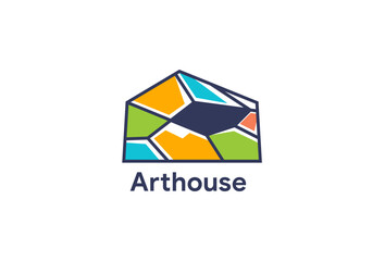 art gallery house logo. Art museum or artist school concept logo with abstract geometric shape house in multicolor design. colorful house artwork logo icon.