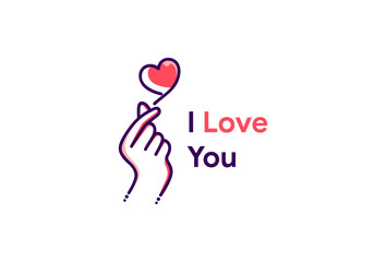 I love you. mini Pink love hand ,korean heart finger i love you sign icon vector line art illustration sticker design social media, i heart you gesture