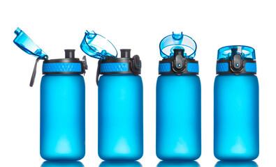 Portable blue water bottles isolated in white