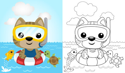 Vector illustration of cartoon cat wearing diving goggles on lifebuoy with turtle and fish. Coloring book or page for kids