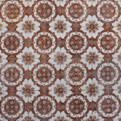 Azulejos white brown ornate pattern, for design or backdrop. Ornamental art form of traditional Portuguese and Spanish ceramic tilework. 