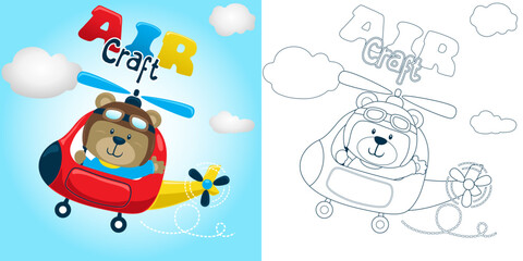 Vector illustration of cartoon funny bear on helicopter. Coloring book or page for kids