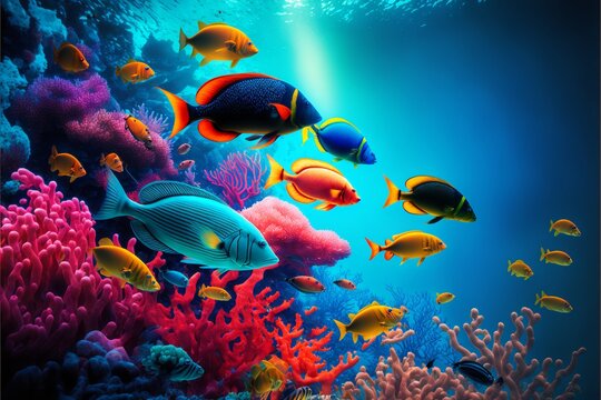 Tropical Fish Underwater. Marine Life. Coral Reef. Generative AI.