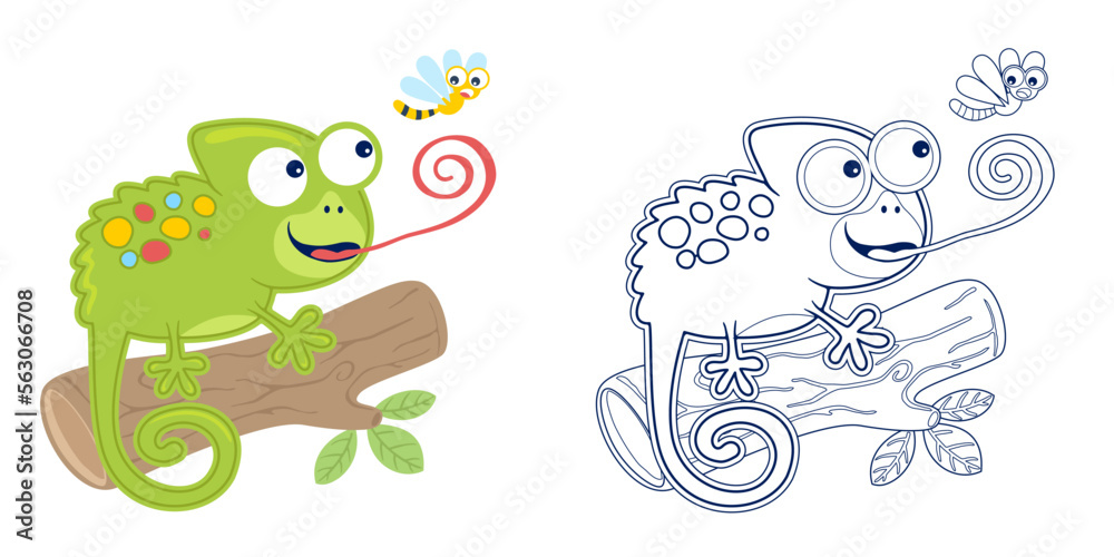 Wall mural Vector illustration of cartoon funny chameleon on tree trunk hunting dragonfly. Coloring book or page for kids