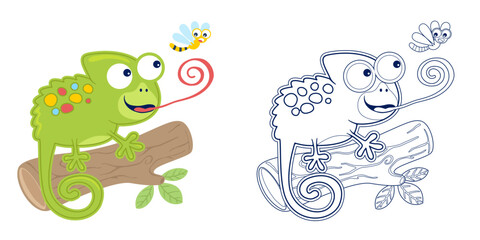 Vector illustration of cartoon funny chameleon on tree trunk hunting dragonfly. Coloring book or page for kids
