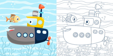 Vector illustration of cartoon funny submarine with fish undersea. Coloring book or page for kids