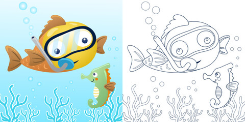 Vector illustration of cartoon fish wearing diving goggles with seahorse. Coloring book or page for kids