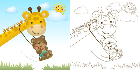 Vector illustration of cartoon bear playing swing in giraffe's neck. Coloring book or page for kids