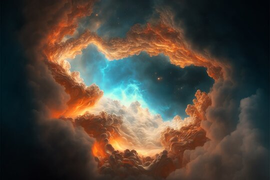 Blue Orange nebula galaxy. Generative AI.