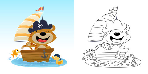 Vector illustration of cartoon cat wearing pirate cap on sailboat, duckling with fish on water. Coloring book or page for kids