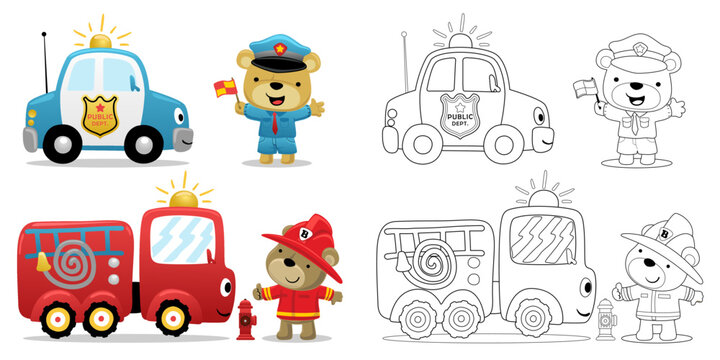 Vector illustration of cartoon bear in police and fireman costume with firetruck and police car. Coloring book or page for kids