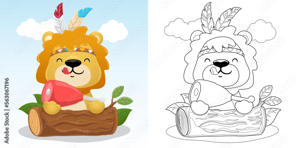 Wall mural vector illustration of cartoon cute lion wearing feather headdress holding meat in tree trunk. color