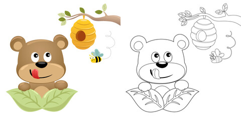 Fototapeta premium Vector illustration of cartoon funny bear hiding in leaves with beehive hanging on tree branches, flying bee protect it hive. Coloring book or page for kids