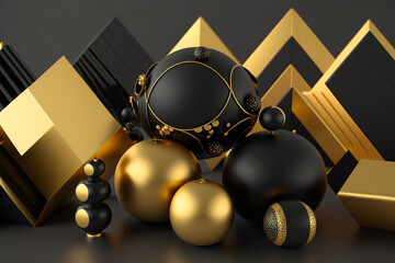 a group of black and gold abstract geometric 3d rendered shapes made by generative ai