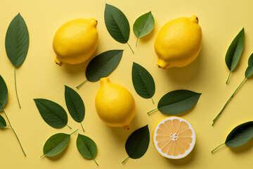 lemons with green leaves on a yellow background made by generative ai