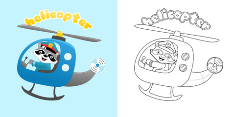 Vector illustration of cartoon funny raccoon in pilot cap on helicopter. Coloring book or page for kids