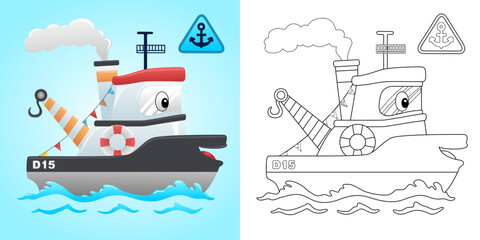 Vector illustration of cartoon funny tugboat. Coloring book or page for kids