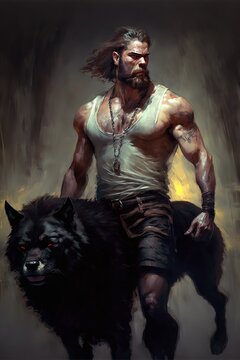  Portrait of a caucasian muscular macho man with his pet black wolf on the hunt together. Ai generative. Digital painting concept art.