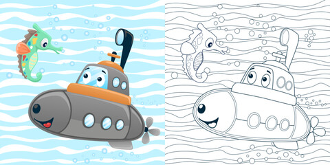 Vector illustration of cartoon funny submarine with seahorse undersea. Coloring book or page for kids