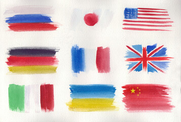 Country flags painted in watercolor on textured paper.
