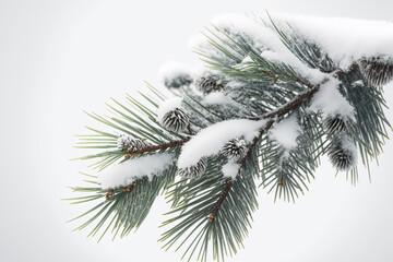 a branch of a pine covered in snow with white background made by generative ai